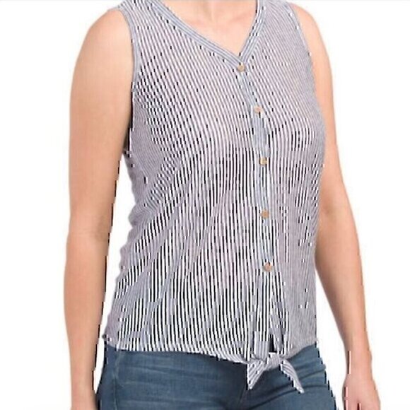 RACHEL ZOE Navy Blue White Striped Sleeveless Button Tie Knot 100% Linen Tank M - Picture 1 of 12